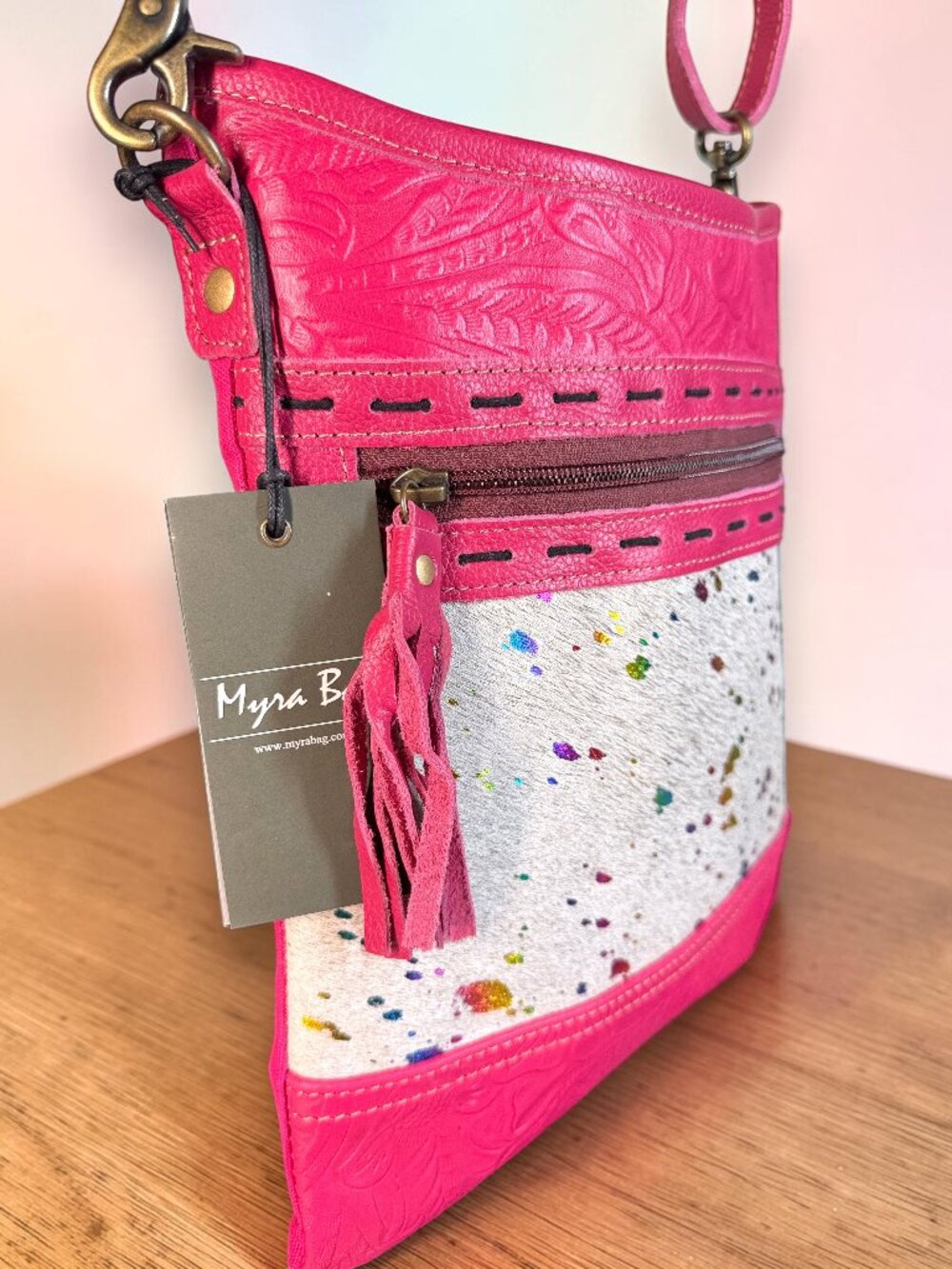 Mrya Bag Rosa Verde Leather, Upcycled Canvas & Hairon Crossbody Bag - NEW - Picture 4 of 13